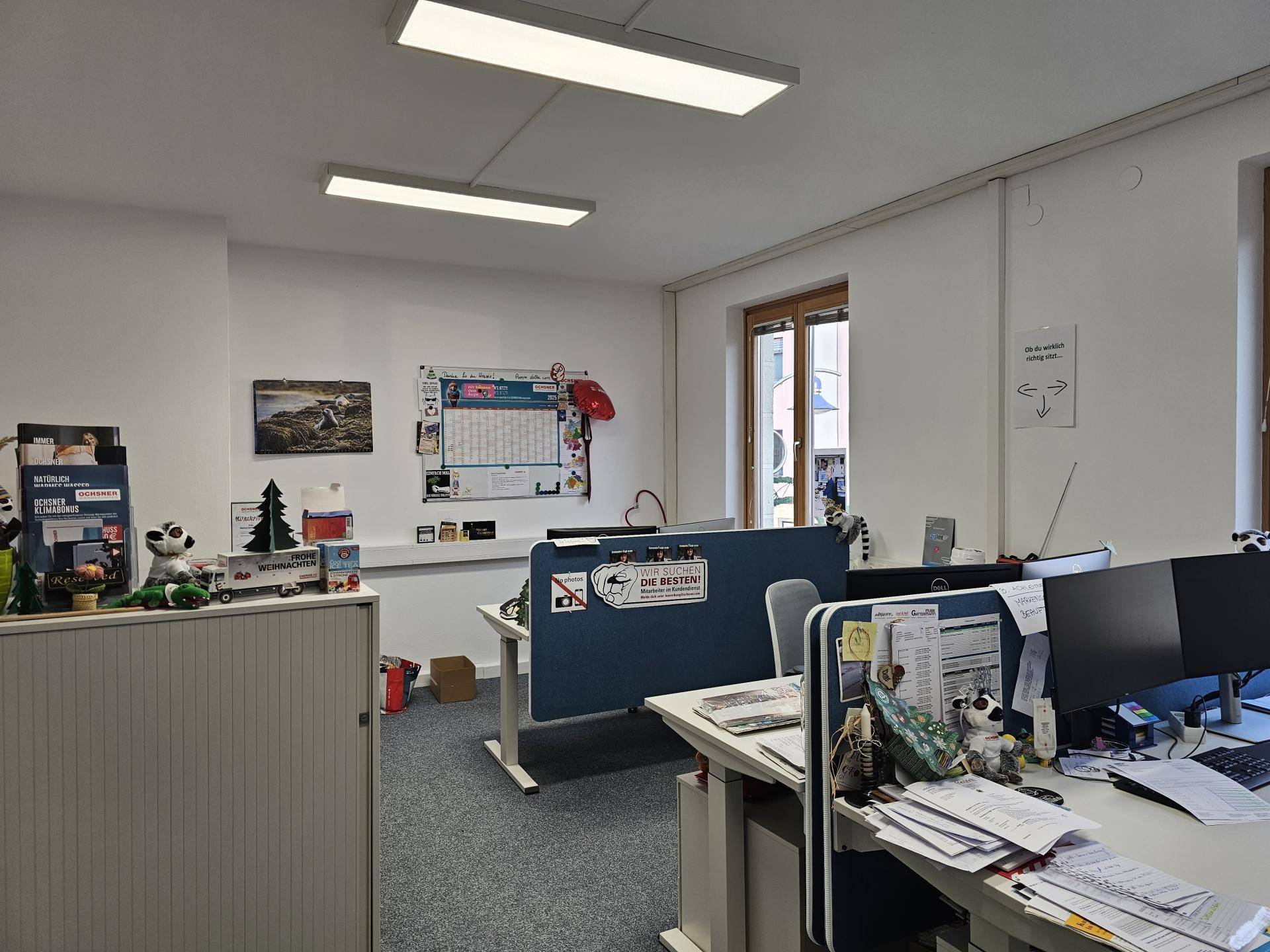 Modernes Büro mit mehreren Arbeitsplätzen, Teppichboden und natürlichem Lichteinfall durch große Fenster.