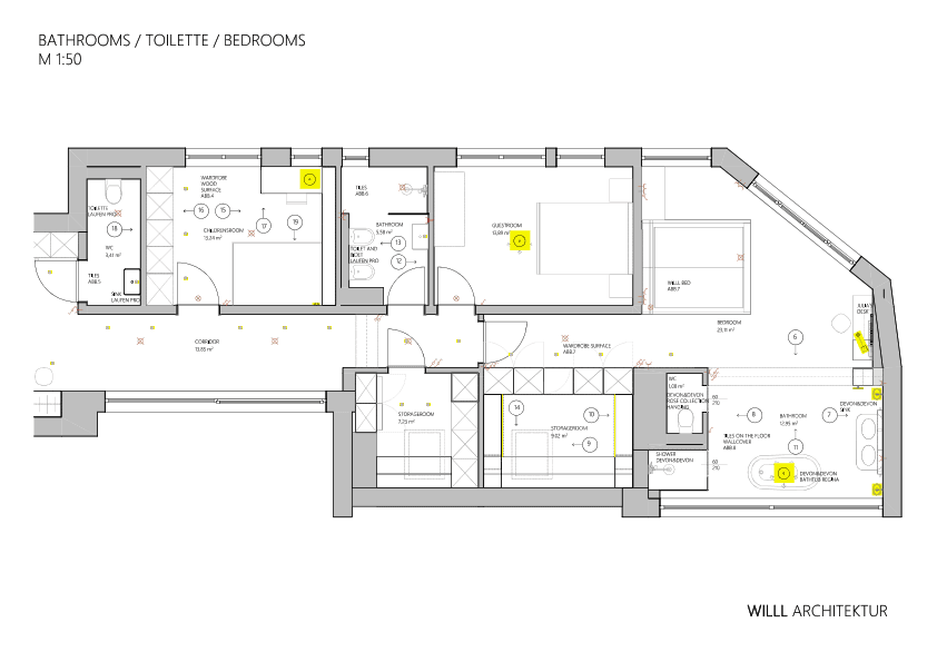 Grundriss der Bäder und Schlafzimmer mit mehreren Nasszellen und Schränken.