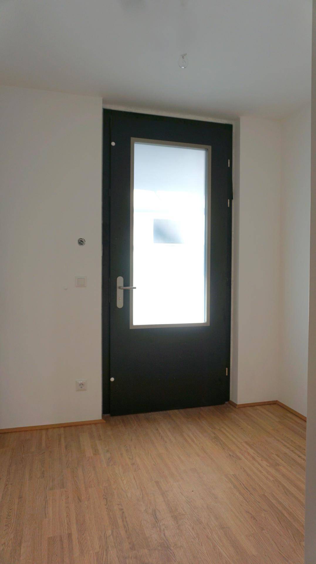 Heller Raum mit Holzboden und einer modernen Tür mit Glaseinsatz, neuwertig und gepflegt.