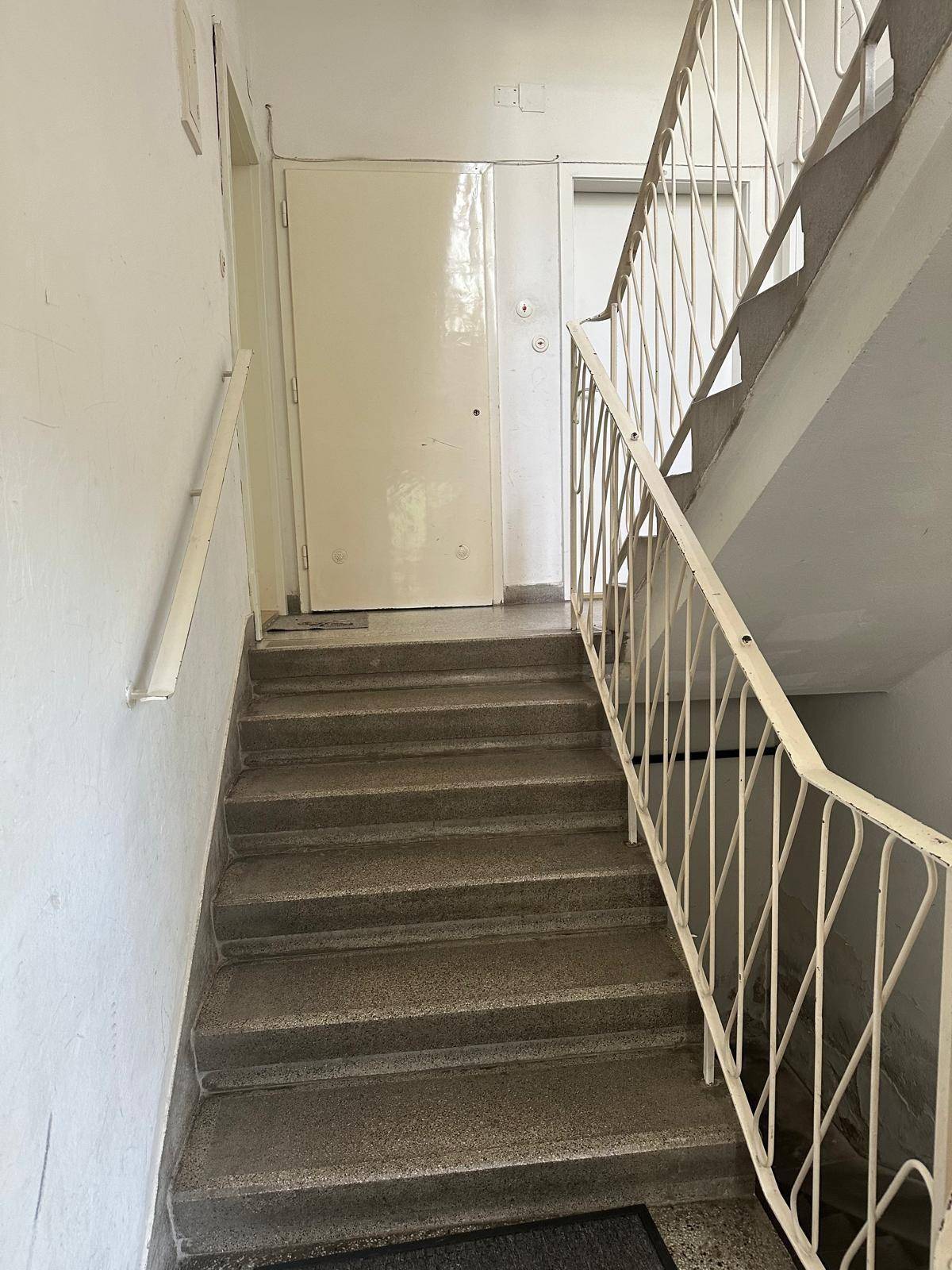 Treppenhaus im Gebäude mit robusten Stufen und einfachem Geländer, führt zu den Wohneinheiten.