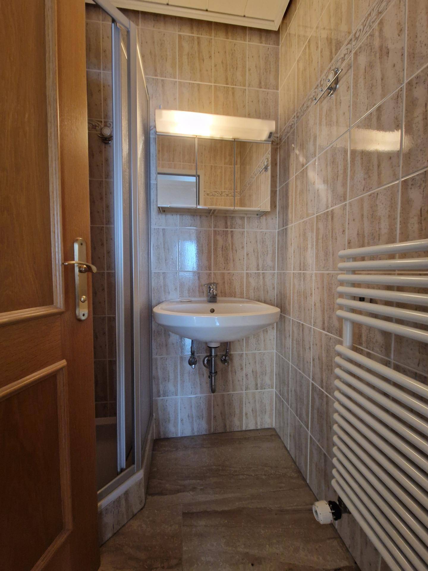 Kleines Badezimmer mit Dusche, Einzelwaschbecken und Handtuchheizkörper.