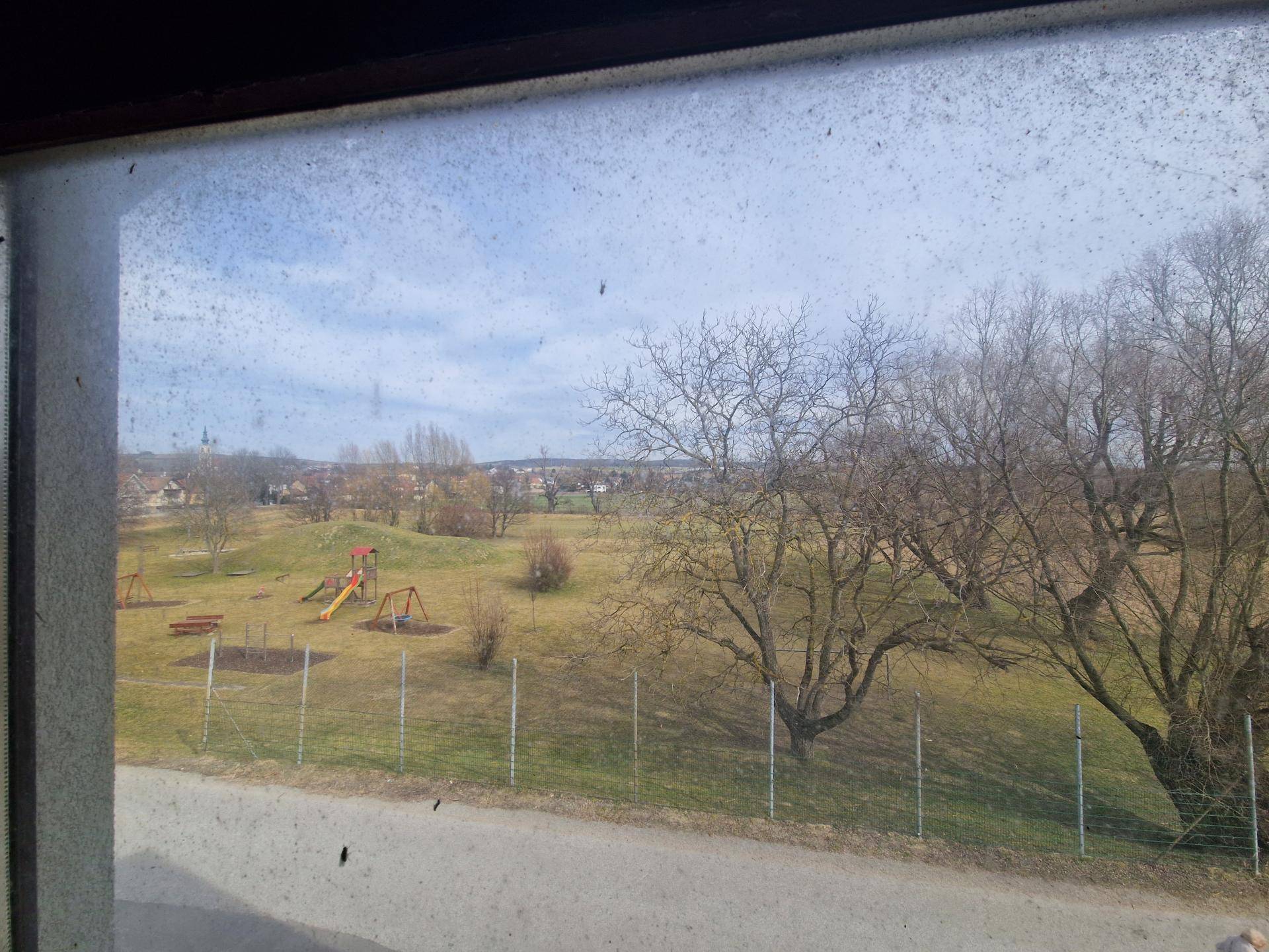 Blick aus dem Fenster auf einen Spielplatz und die ländliche Umgebung.