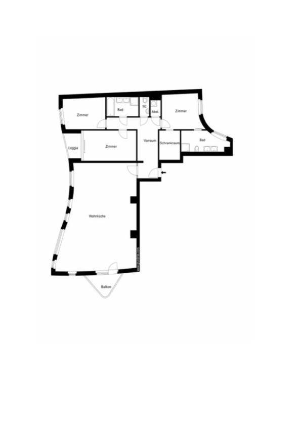 Grundriss einer Wohnung mit mehreren Zimmern, Wohnküche, Loggia und Balkon.