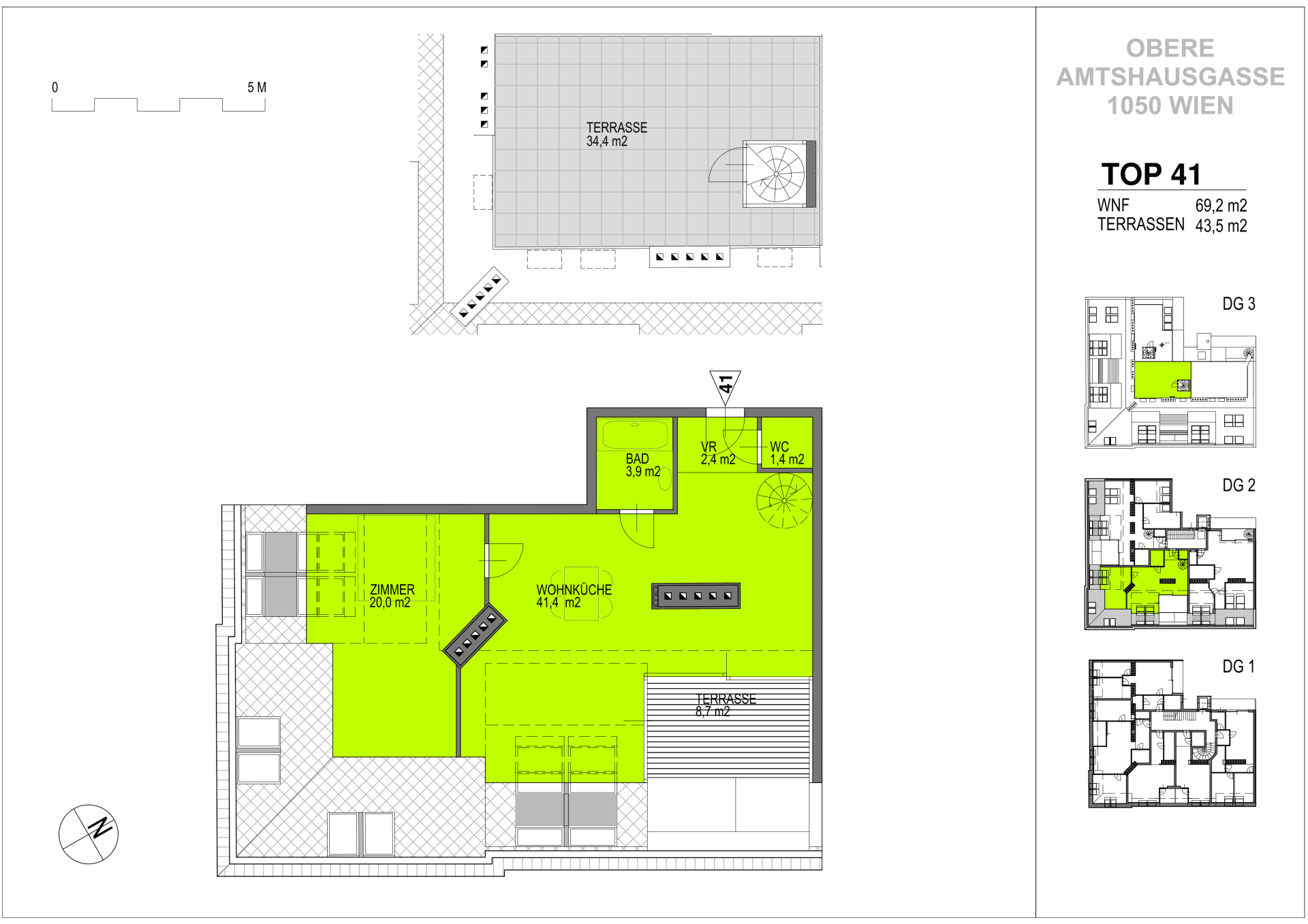 Grundrissplan einer Duplex-Wohnung mit offener Wohnküche, einem Zimmer, Bad, separatem WC und zwei Terrassen, inklusive einer Dachterrasse.