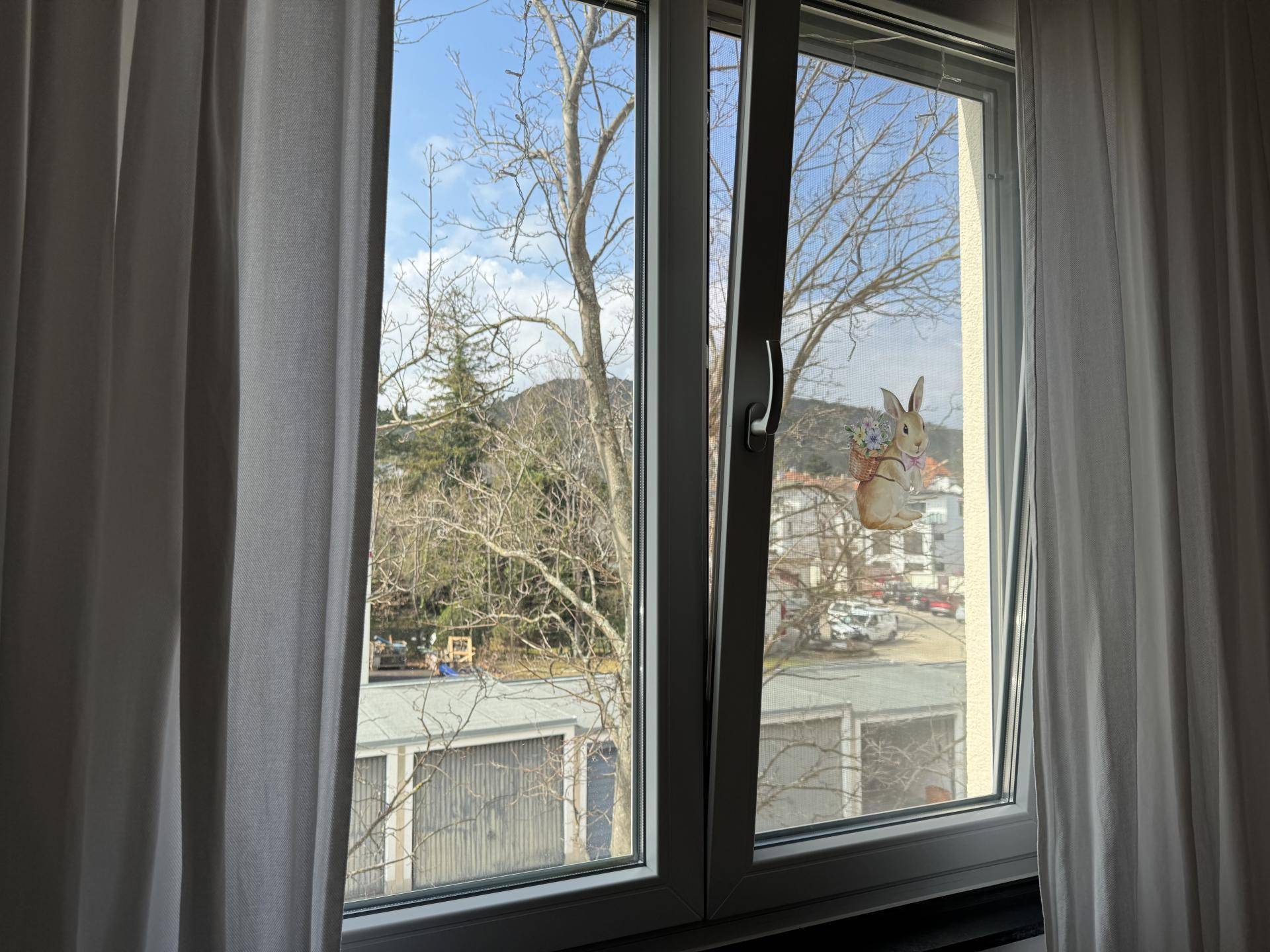 Fenster mit Blick auf Bäume, Garagen und eine Berglandschaft im Hintergrund.