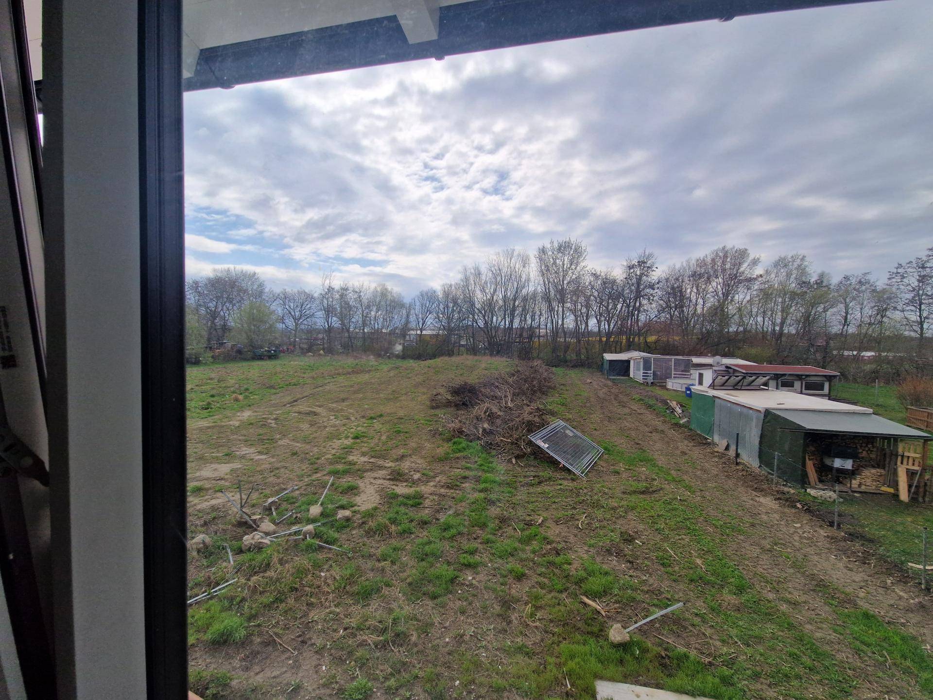 Blick aus einem Fenster auf ein weitläufiges, unentwickeltes Grundstück mit Bäumen am Horizont.