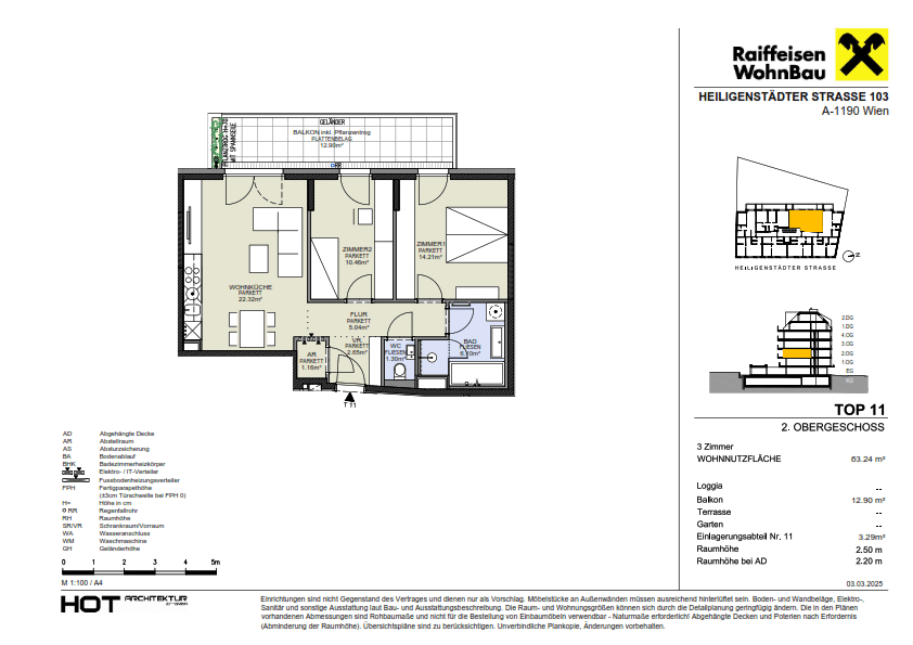 Grundriss einer modernen 3-Zimmer-Wohnung mit Balkon und zwei Bädern.