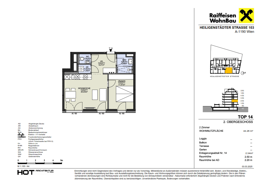 Grundriss einer 2-Zimmer-Wohnung mit 44,20 m² Wohnfläche, Loggia und separatem WC.