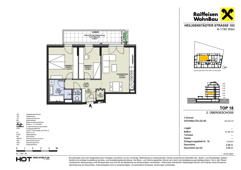 Grundriss einer 3-Zimmer-Wohnung mit offenem Wohnbereich, Balkon und separatem WC.