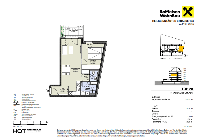 Detaillierter Grundriss einer Zweizimmerwohnung mit offener Wohnküche, separatem Schlafzimmer und Balkon.