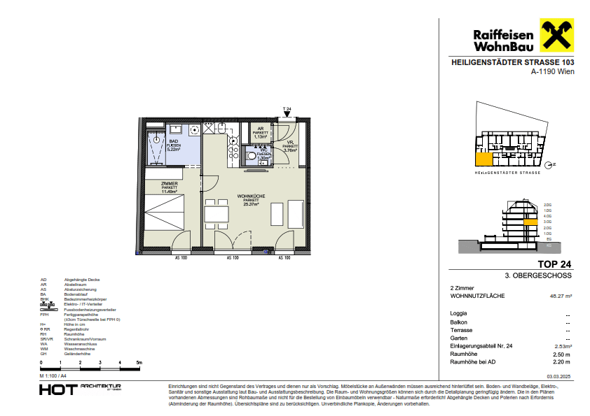 Grundriss einer 2-Zimmer-Wohnung im 3. Obergeschoss mit Wohnküche, Bad, separatem WC und Loggia.