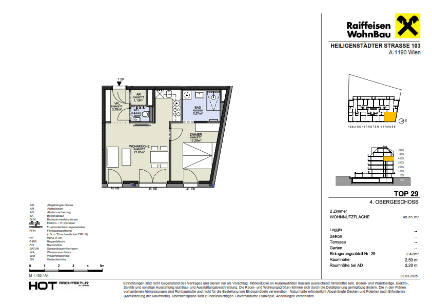Grundriss einer 2-Zimmer-Wohnung mit offener Wohnküche, Bad, WC und Loggia im 4. Obergeschoss.