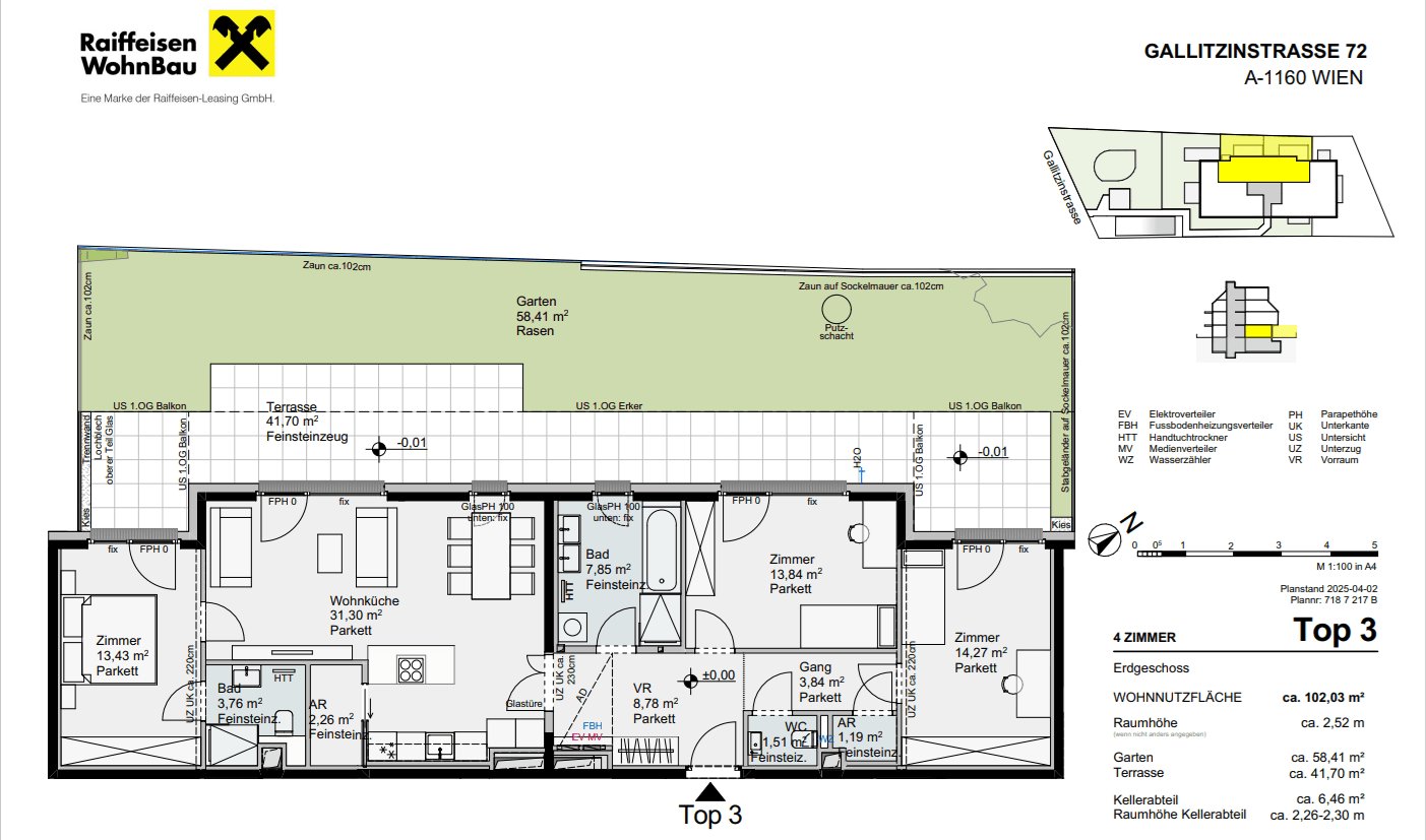 Grundriss einer 4-Zimmer-Wohnung im Erdgeschoss mit Garten, Terrasse und offenem Wohnbereich.