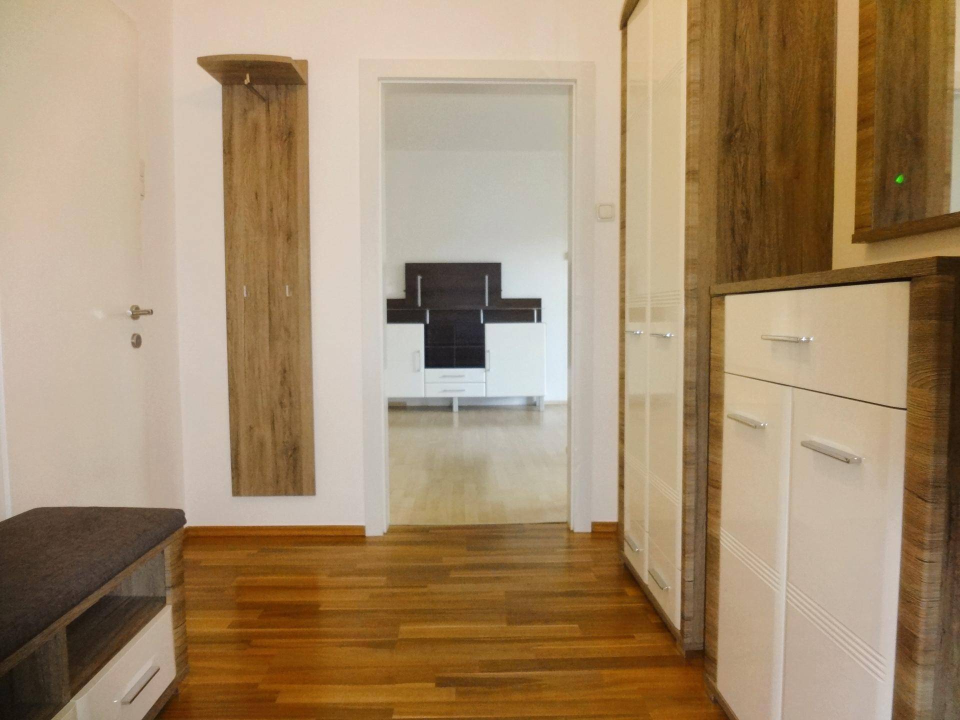 Eingangsbereich mit Garderobe, Schränken und Holzfußboden.
