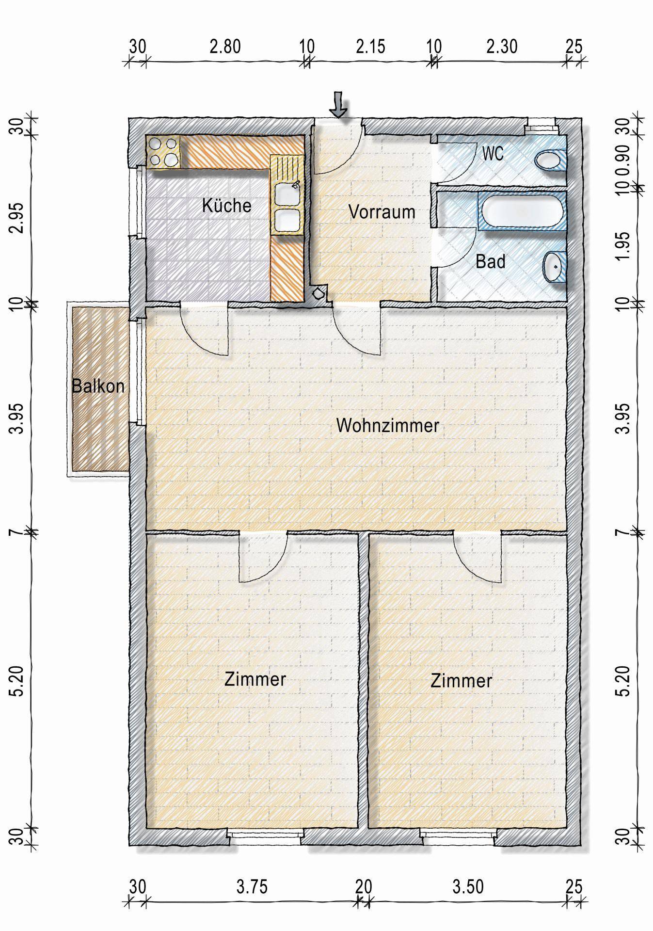 Grundriss einer Wohnung mit Wohnzimmer, zwei Zimmern, Küche, Bad und Balkon.