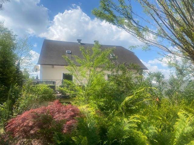 Hausfassade umgeben von üppigem Grün und Bäumen unter blauem Himmel.