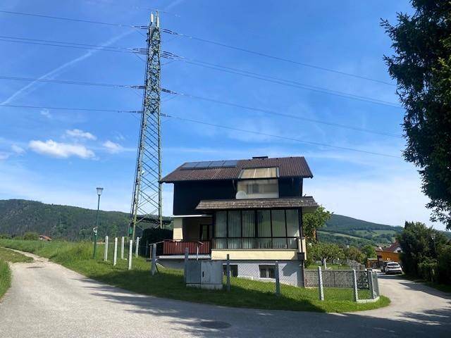 Gesamtansicht mit Feldweg und Strommast