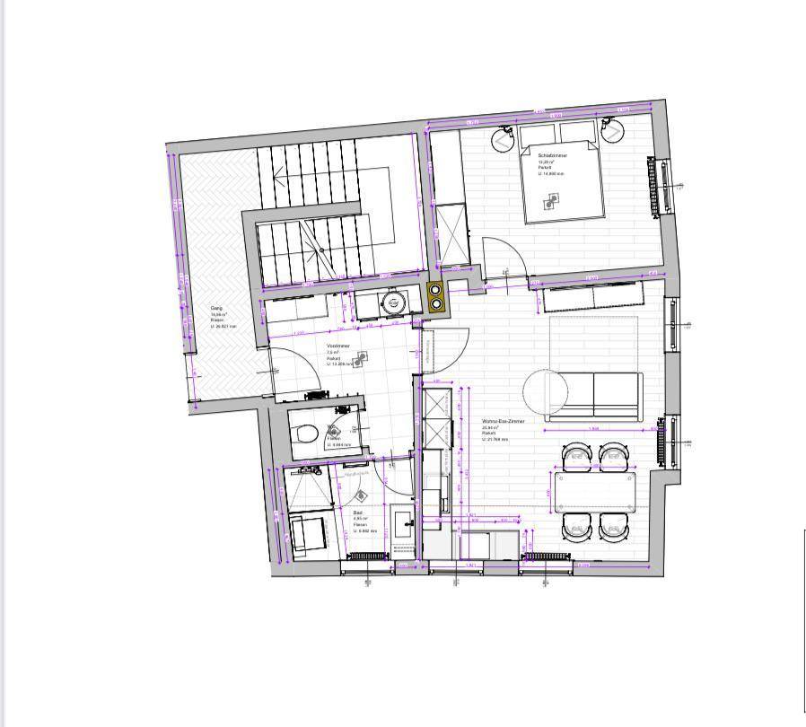Digitaler Grundriss mit Wohn-Esszimmer, Schlafzimmer, Bad und Treppenhaus in moderner Darstellung.