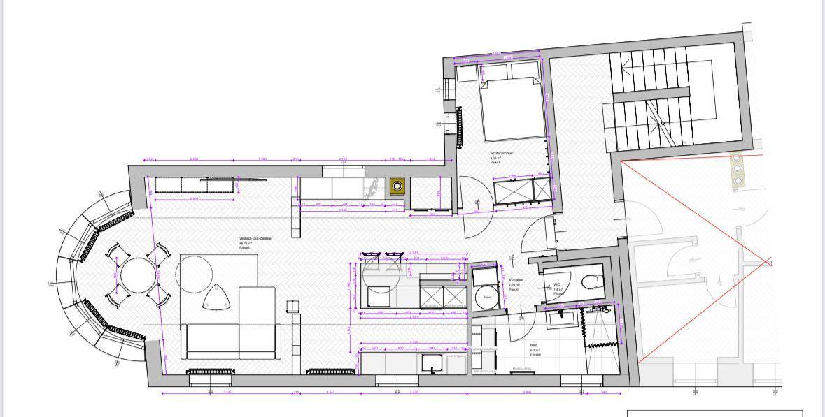 Moderner digitaler Grundriss mit offenem Wohn-, Ess- und Kochbereich, Schlafzimmer und Bad.