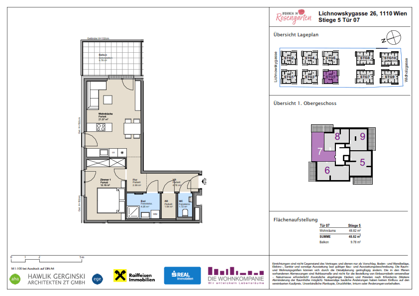 Detaillierter Grundriss einer Wohnung mit einem Schlafzimmer, offenem Wohnbereich und Balkon.