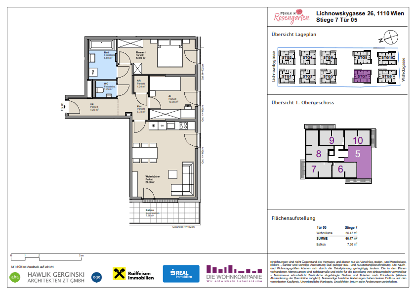 Detaillierter Grundriss einer Wohnung mit drei Zimmern und Balkon.
