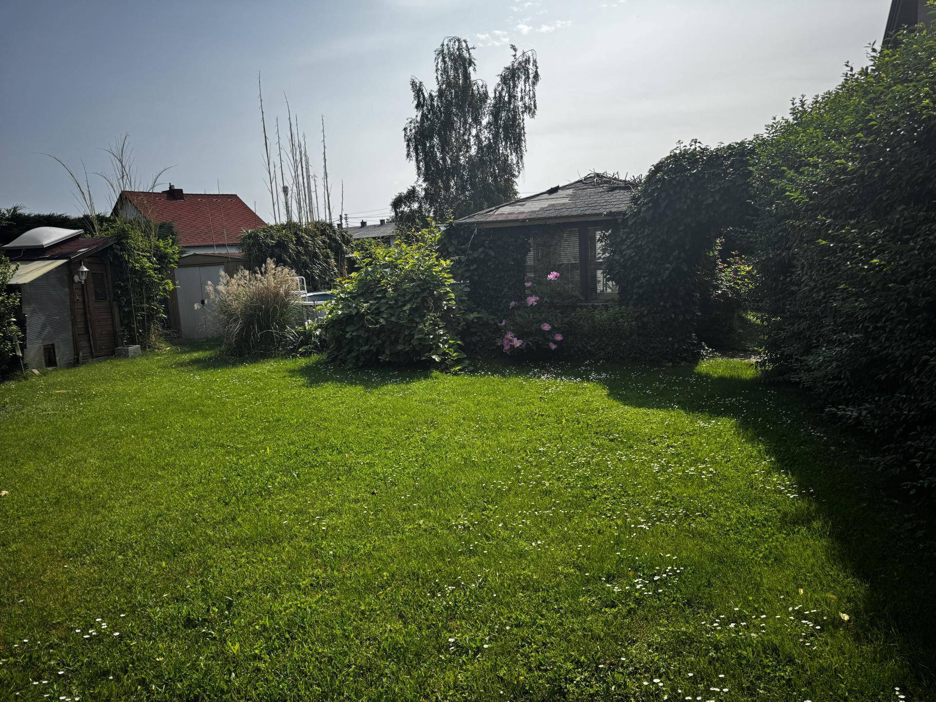 Garten mit Gartenhütte und Pool (Aufstellbecken)