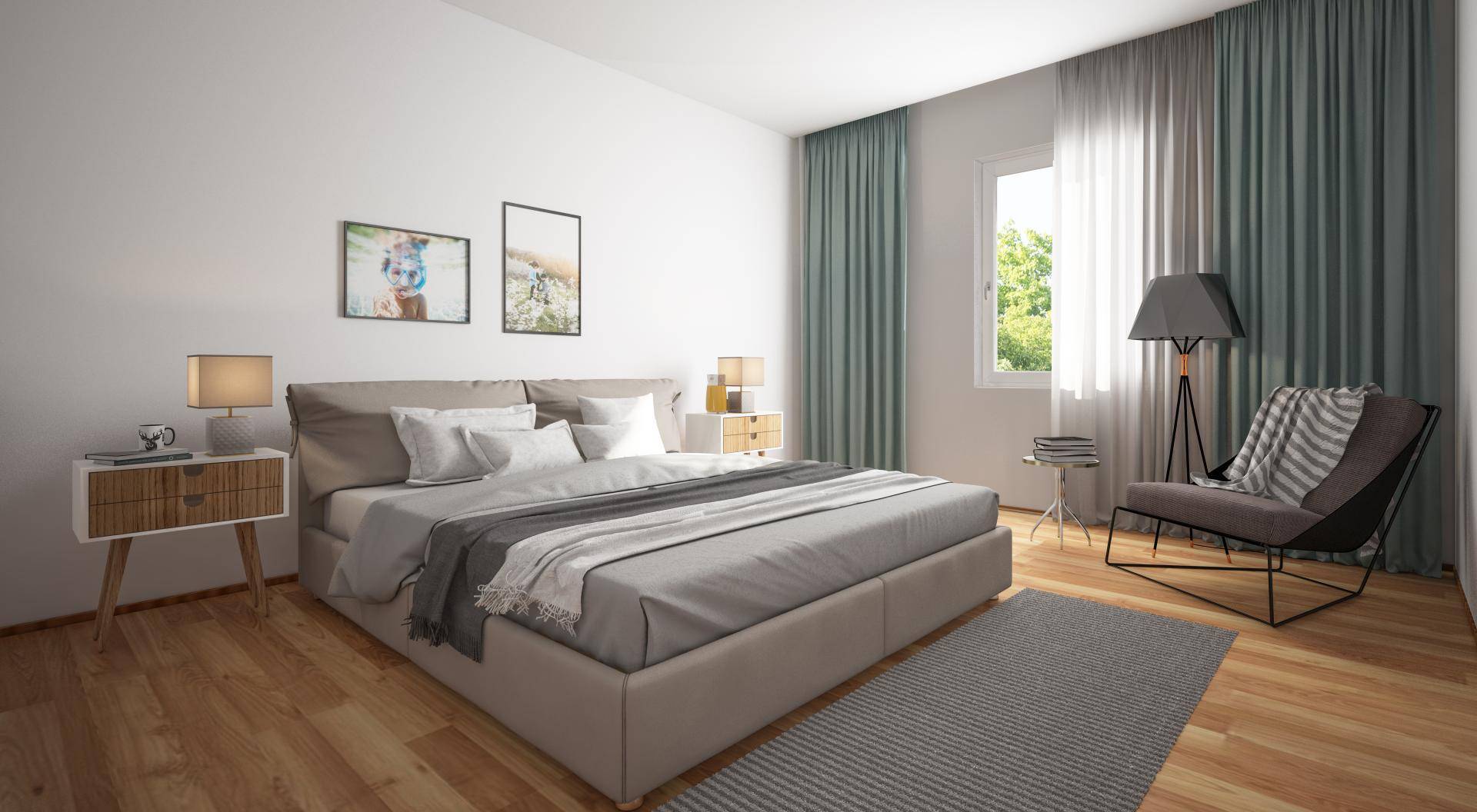 Modernes Schlafzimmer mit Doppelbett, Holzboden und großen Fenstern mit hellblauen Vorhängen.