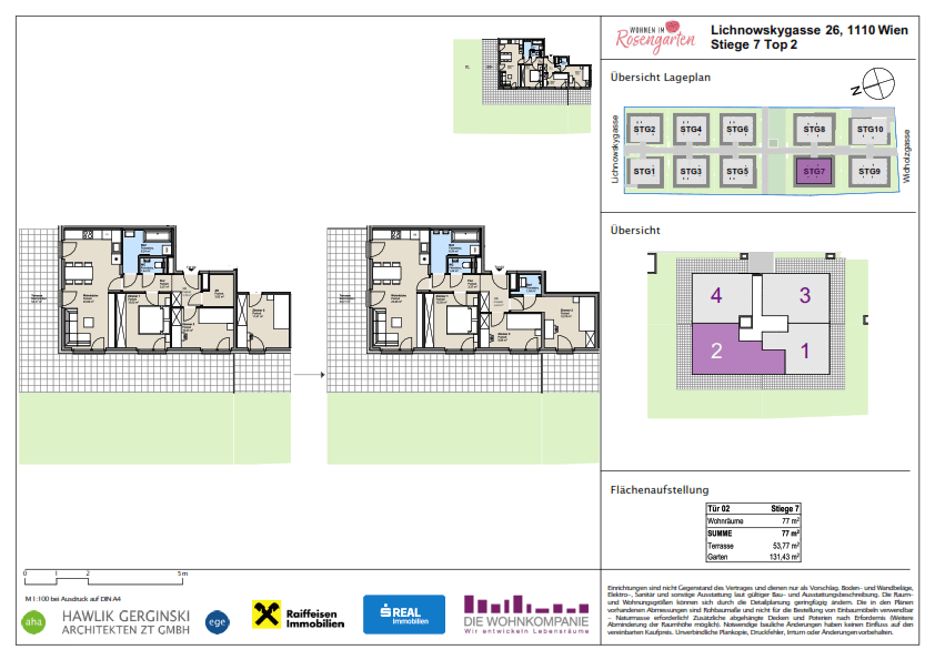 Grundriss einer Duplex-Wohnung mit offenem Wohnbereich, mehreren Zimmern, großer Terrasse und Garten.