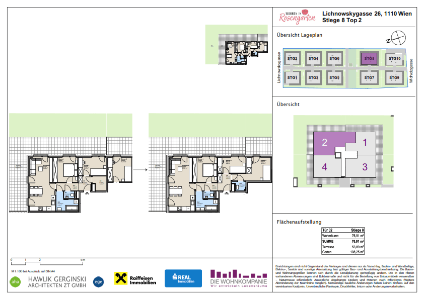 Detaillierter Grundriss einer Wohnung mit offenem Wohnbereich, zwei Bädern, separatem WC, großer Terrasse und Garten.