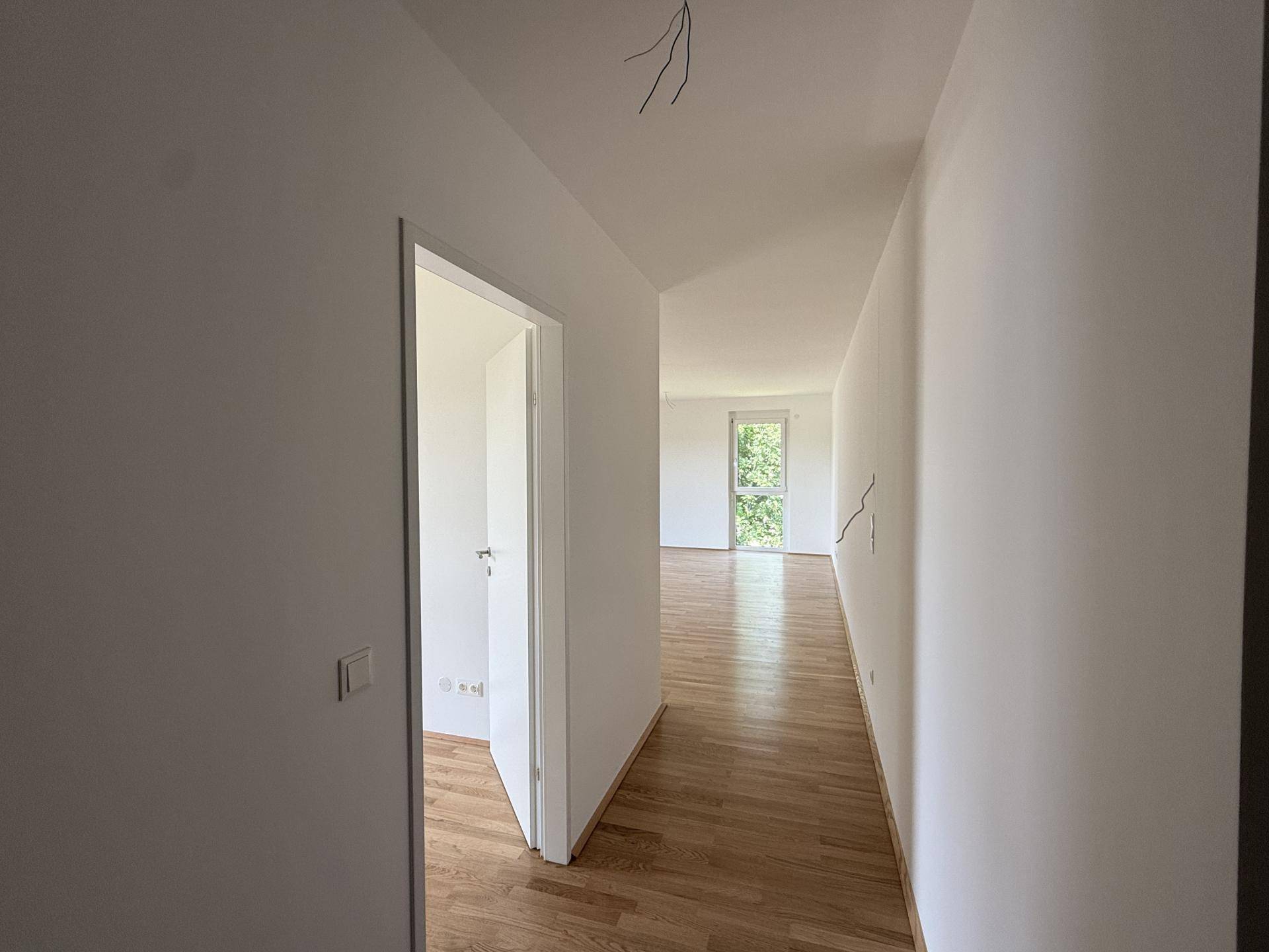 Heller Flur mit Holzboden, der zu weiteren Zimmern mit Tageslicht führt.