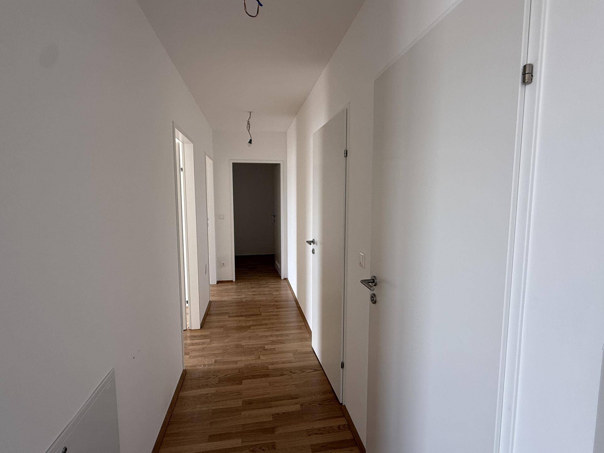 Langer, heller Flur mit Holzboden und mehreren weißen Türen zu den angrenzenden Räumen.