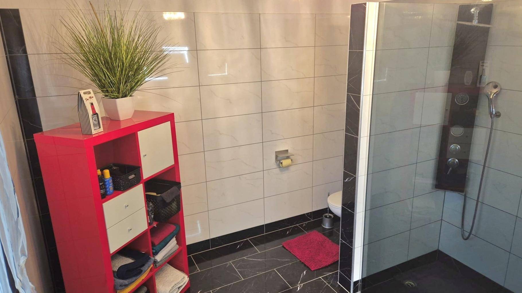 Badezimmer mit begehbarer Dusche, modernen Fliesen und farbigen Akzenten.