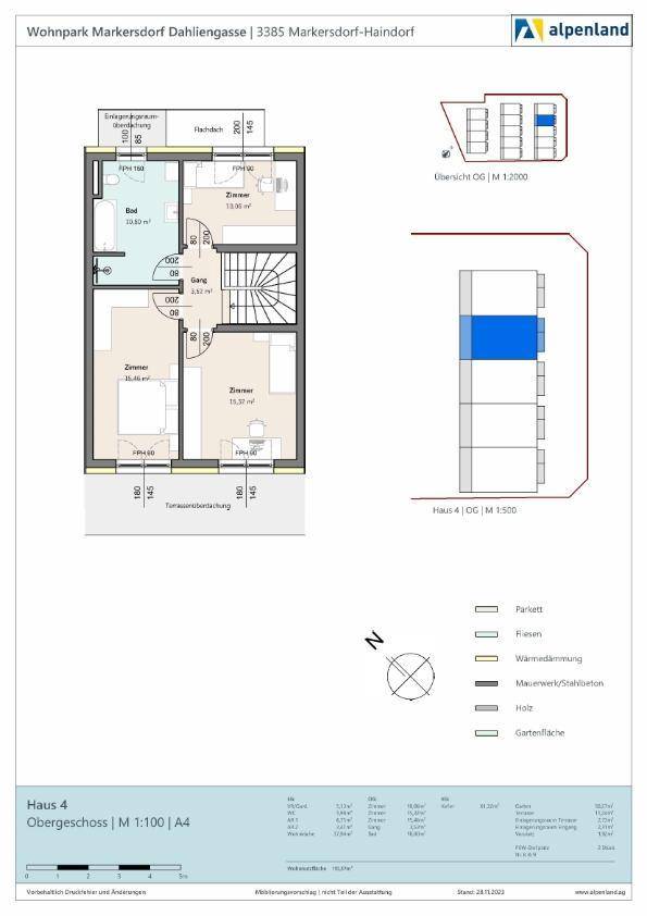 Grundriss des Obergeschosses mit drei Schlafzimmern und einem Badezimmer.