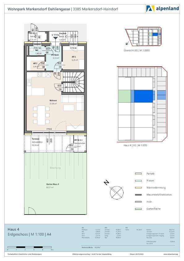 Grundriss des Erdgeschosses mit Wohnbereich, Küche, Terrasse und Garten.
