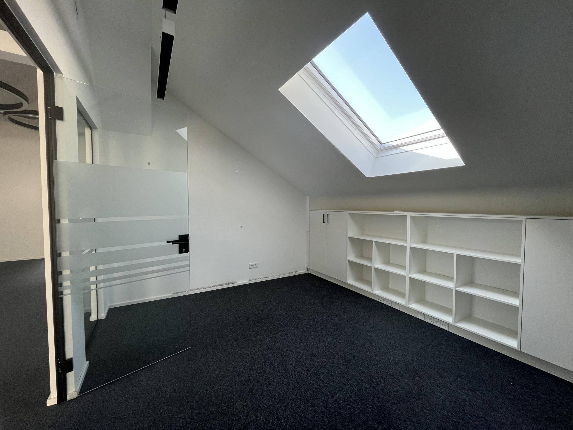 Büro mit Teppichboden, Einbauschränken und einem großen Dachfenster, ideal für Arbeitsbereiche.