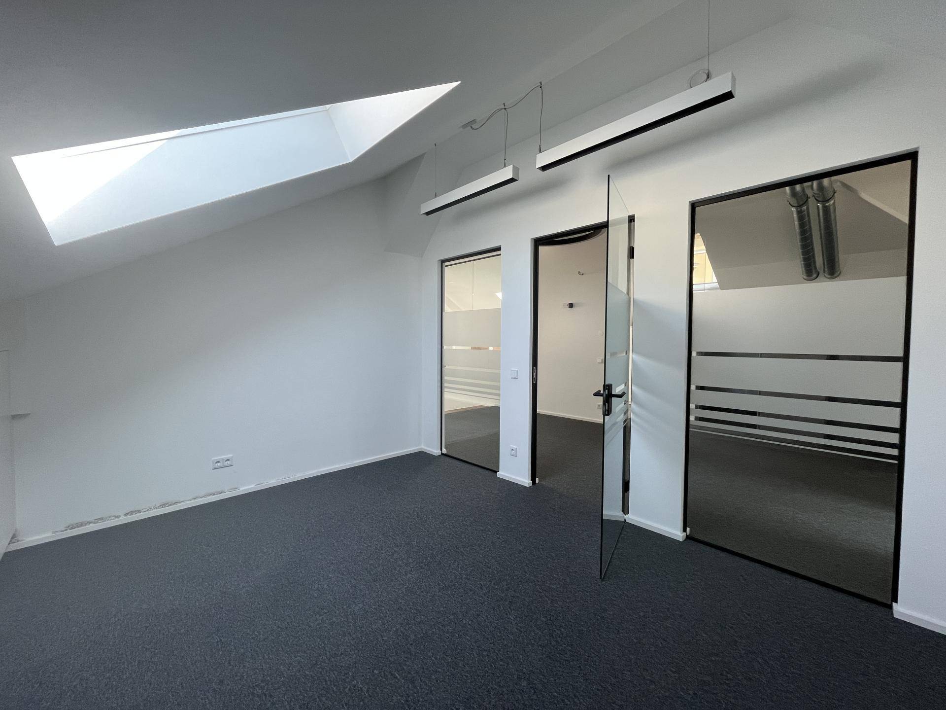 Helles Büro mit Teppichboden, Glastüren und einem großen Dachfenster unter der Dachschräge.