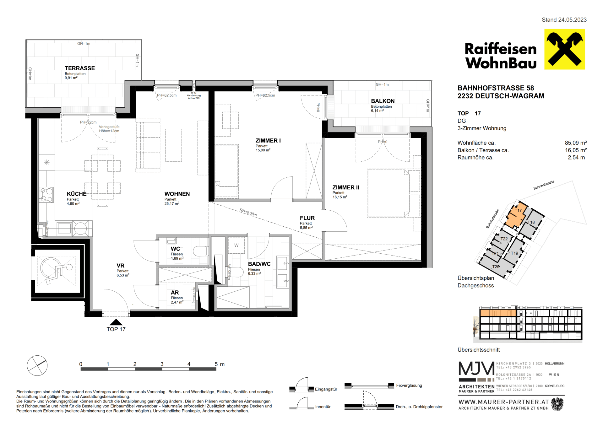 Grundriss einer Dreizimmerwohnung mit offenem Wohnbereich, Balkon und Terrasse.
