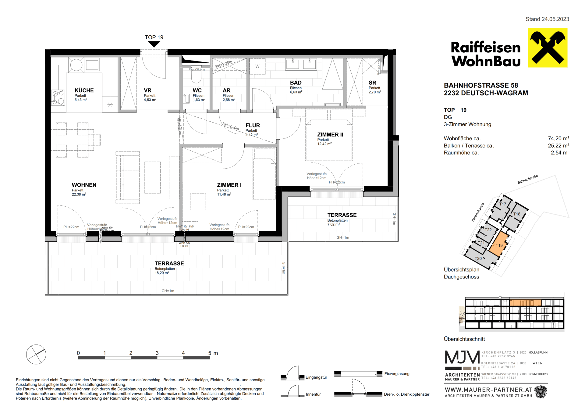 Grundriss einer modernen 3-Zimmer-Wohnung mit offener Küche, Terrasse und Balkon im Dachgeschoss.
