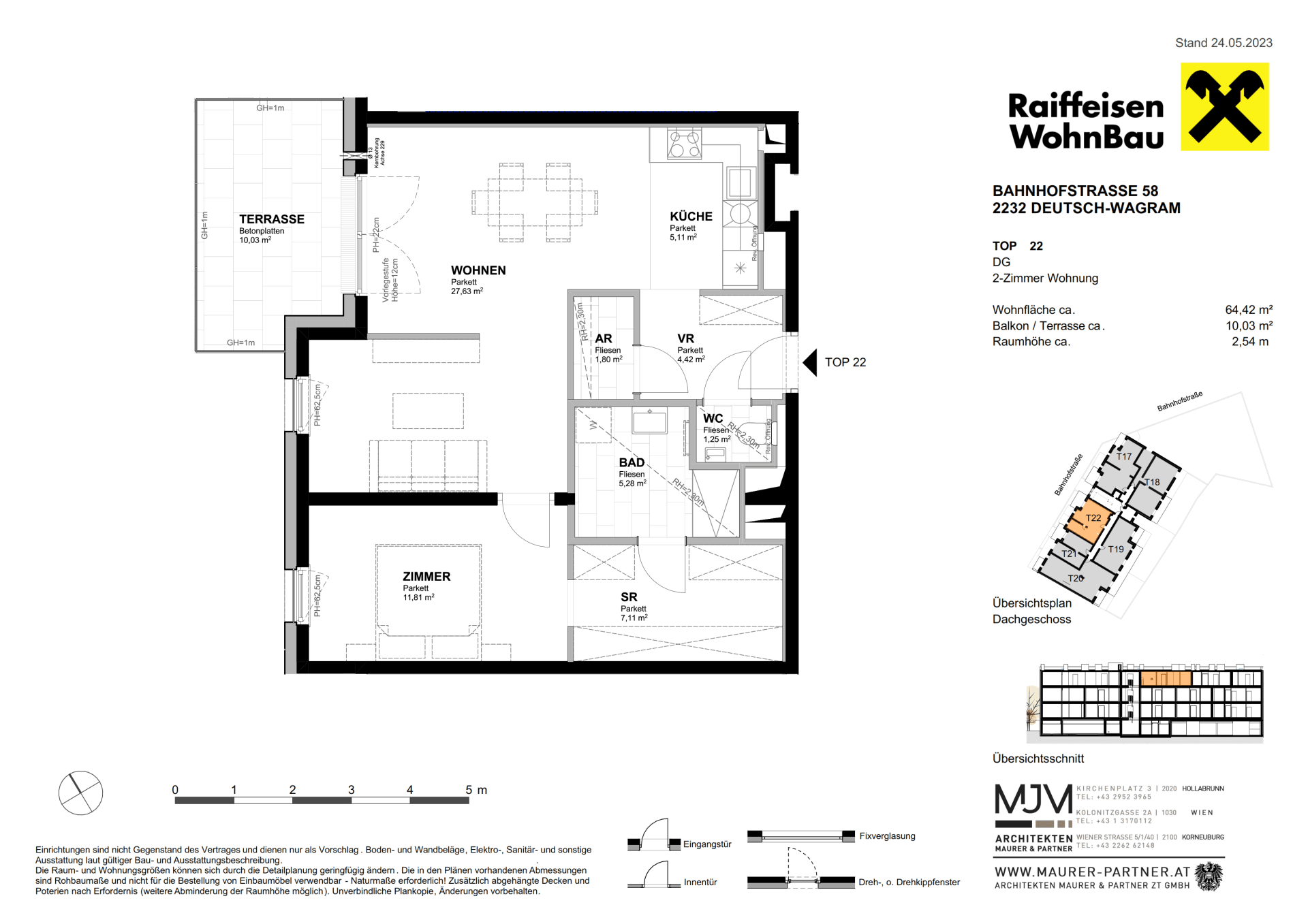 Grundriss einer 2-Zimmer-Wohnung mit offener Küche, Wohnbereich und großer Terrasse.