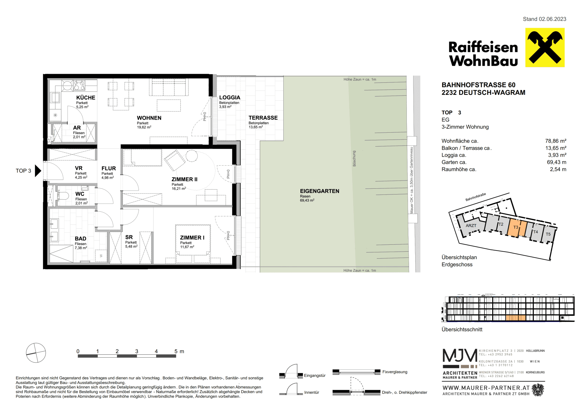 Grundriss einer 3-Zimmer-Wohnung im Erdgeschoss mit Loggia, Terrasse und eigenem Garten.