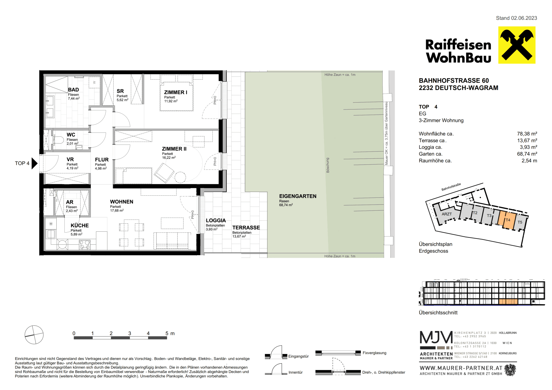 Grundriss einer 3-Zimmer-Wohnung mit Loggia, Terrasse und eigenem Garten.