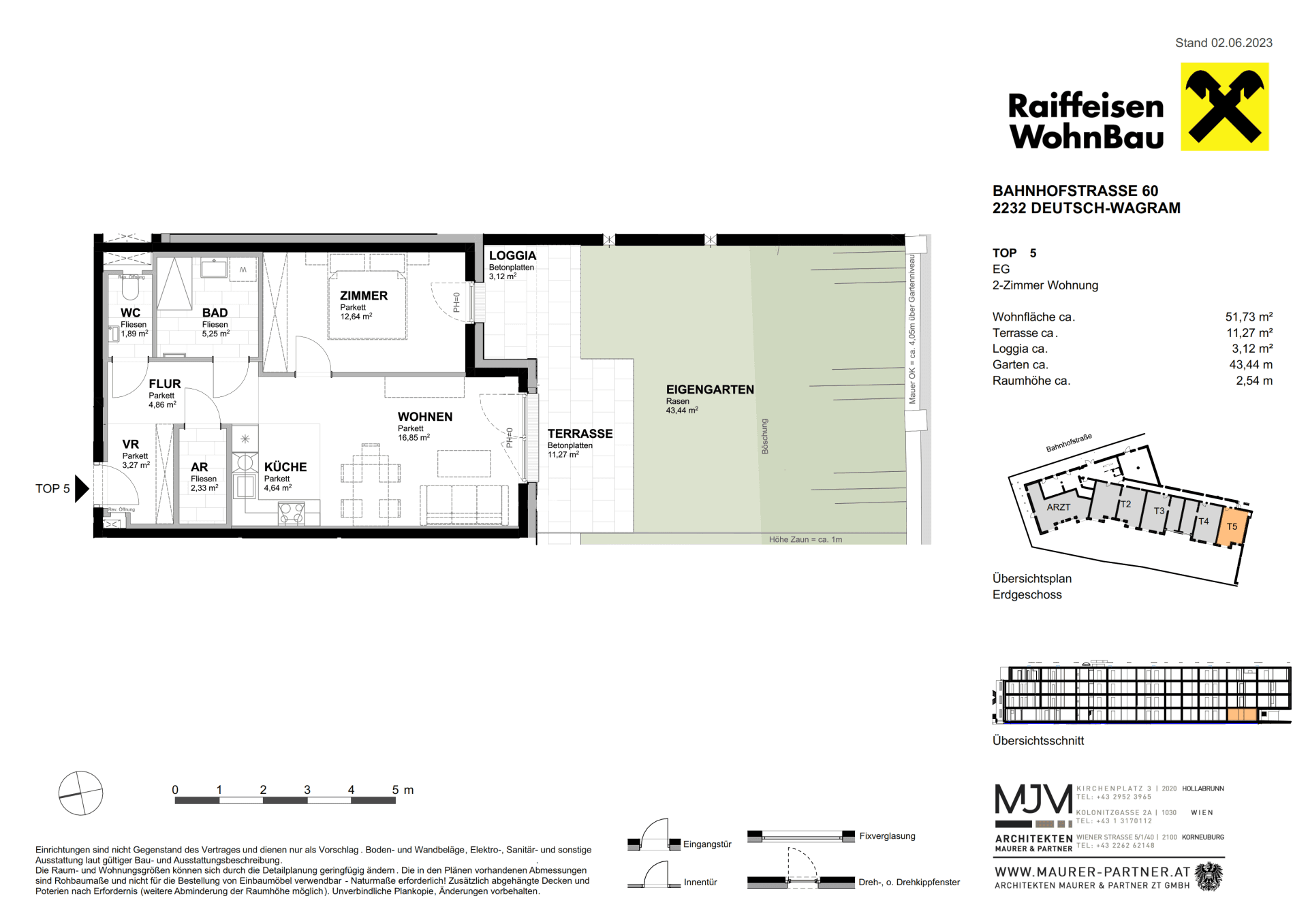 Grundriss einer 2-Zimmer-Wohnung im Erdgeschoss mit Terrasse, Loggia und eigenem Garten.