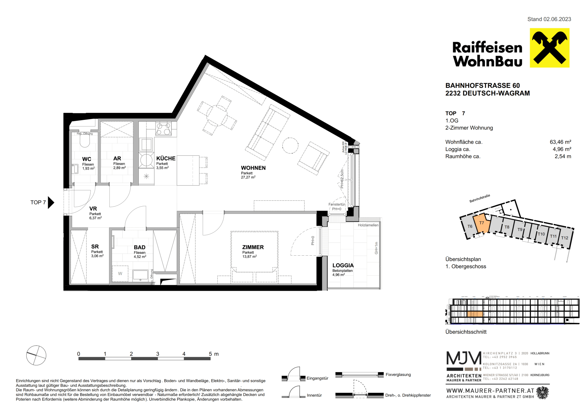 Grundriss einer 2-Zimmer-Wohnung mit offener Küche, Loggia und separatem WC im ersten Obergeschoss.
