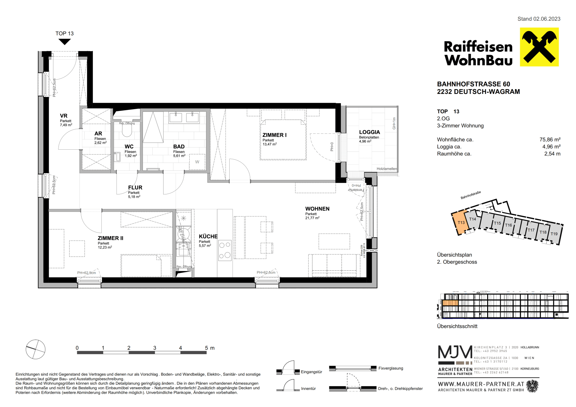 Grundriss einer 3-Zimmer-Wohnung im zweiten Obergeschoss mit offener Küche und Loggia.
