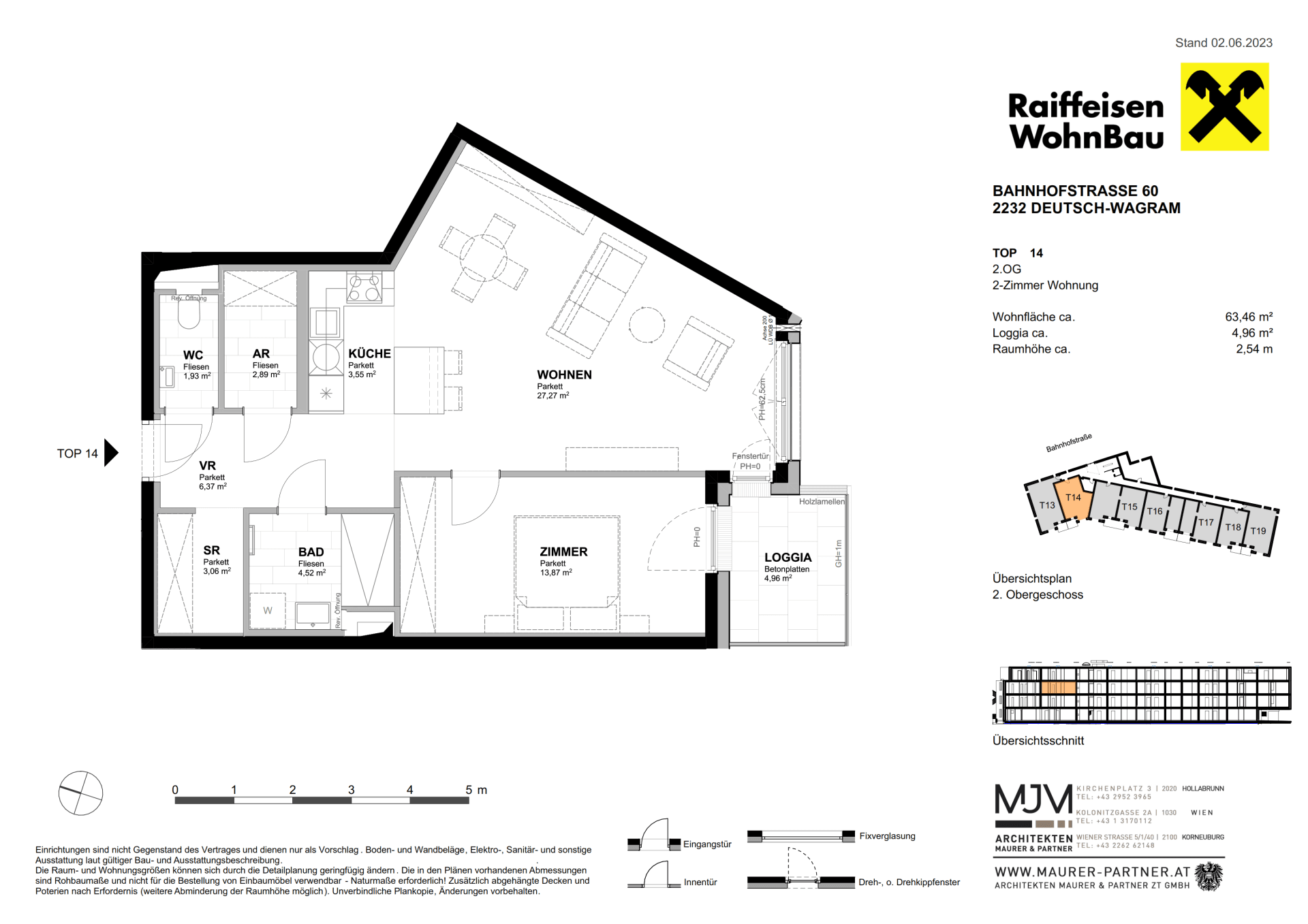 Grundriss einer 2-Zimmer-Wohnung mit offenem Wohnbereich, Küche, Bad und Loggia.