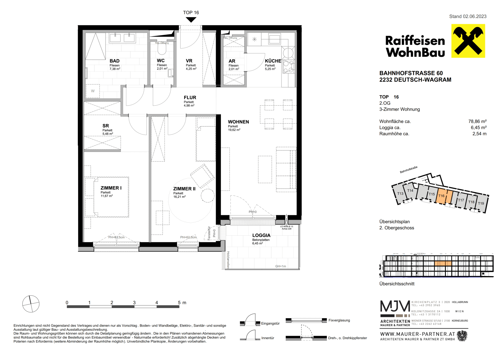 Grundriss einer 3-Zimmer-Wohnung mit Loggia, zwei Bädern und separatem Abstellraum.