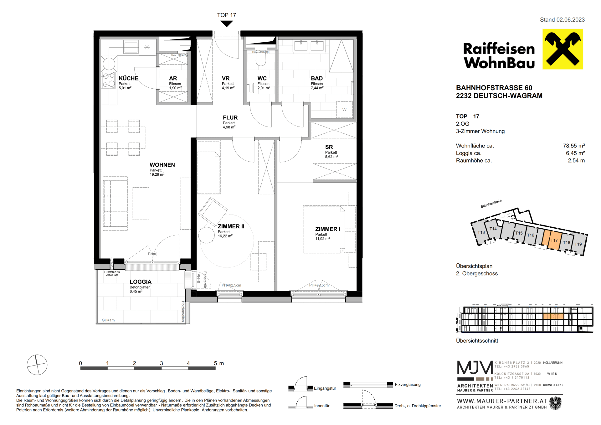 Grundriss einer 3-Zimmer-Wohnung im zweiten Obergeschoss mit offener Wohnküche und Loggia.