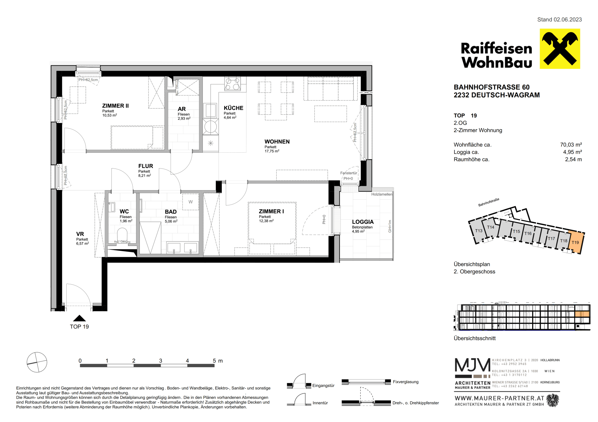 Grundriss einer 2-Zimmer-Wohnung mit Loggia, separatem WC und offenem Wohn- und Küchenbereich.