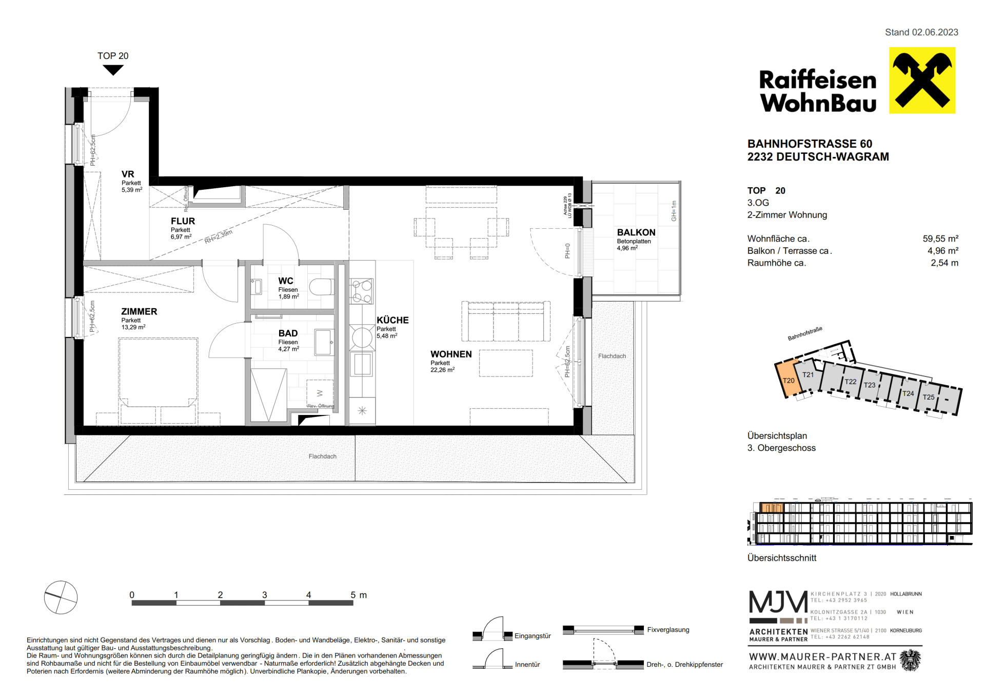 Grundriss einer 2-Zimmer-Wohnung im dritten Obergeschoss mit offenem Wohnbereich und Balkon.