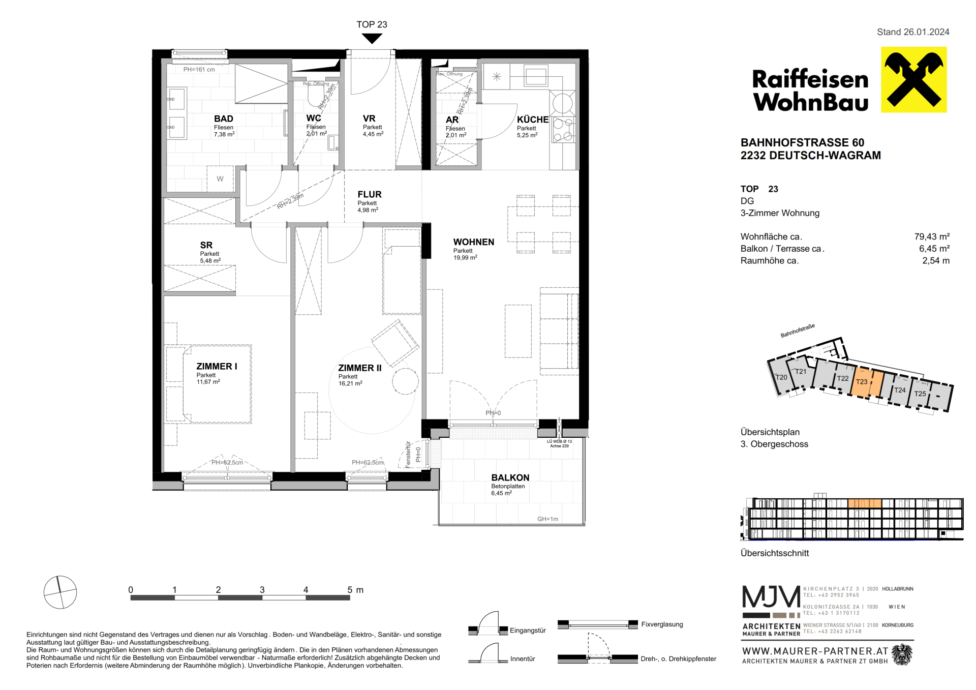 Grundriss einer 3-Zimmer-Wohnung mit Balkon, separatem WC und offener Wohnküche.